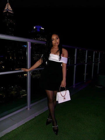 Spring And Summer Shoulder Black And White Bump Color Waist A Pendulum Design Bow Dress LX0114